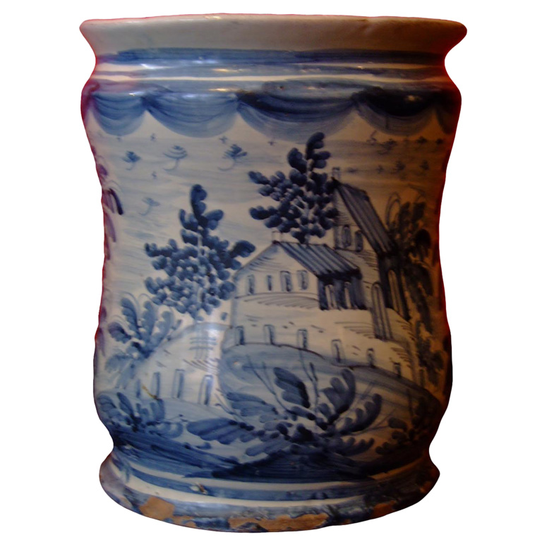 18th c. Italian Blue and White Tin Glazed Apothecary Jar