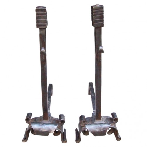Bold Pair of Wrought Iron Andirons