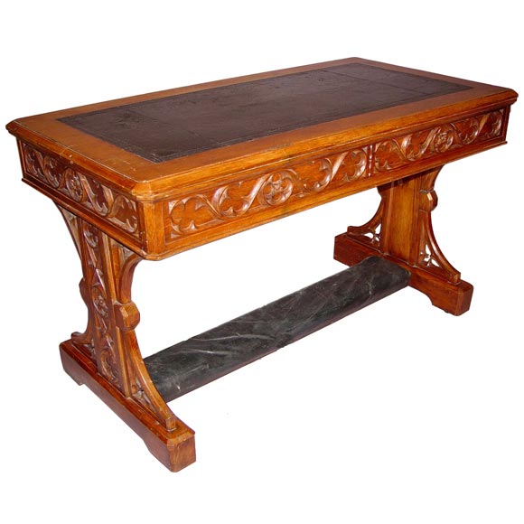 English Gothic Revival Leather Top Writing Table