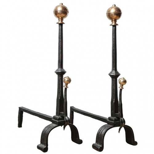 Pair of Bronze and Wrought Iron Andirons