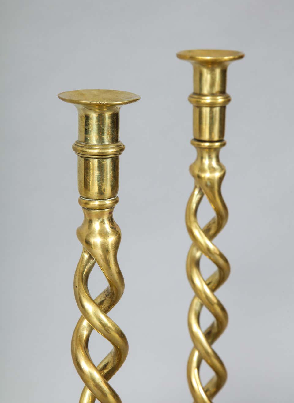 Pair of English Brass Overscale Barley Twist Candlesticks